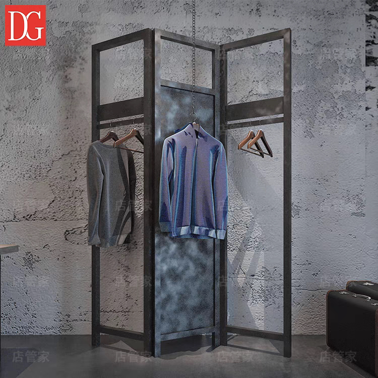 服装店折叠屏风隔断架子男装工业风铁艺展架落地挂衣架牛仔裤展架