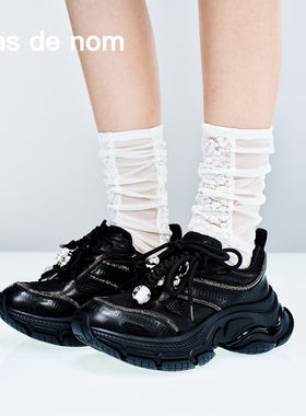 Pas de nom原创黑色复古增高运动鞋真皮网面厚底休闲芭蕾老爹鞋女