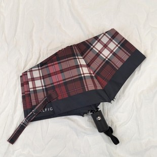 美单汤家经典 复古红色格子全自动轻量便携男女绅士防风折叠晴雨伞