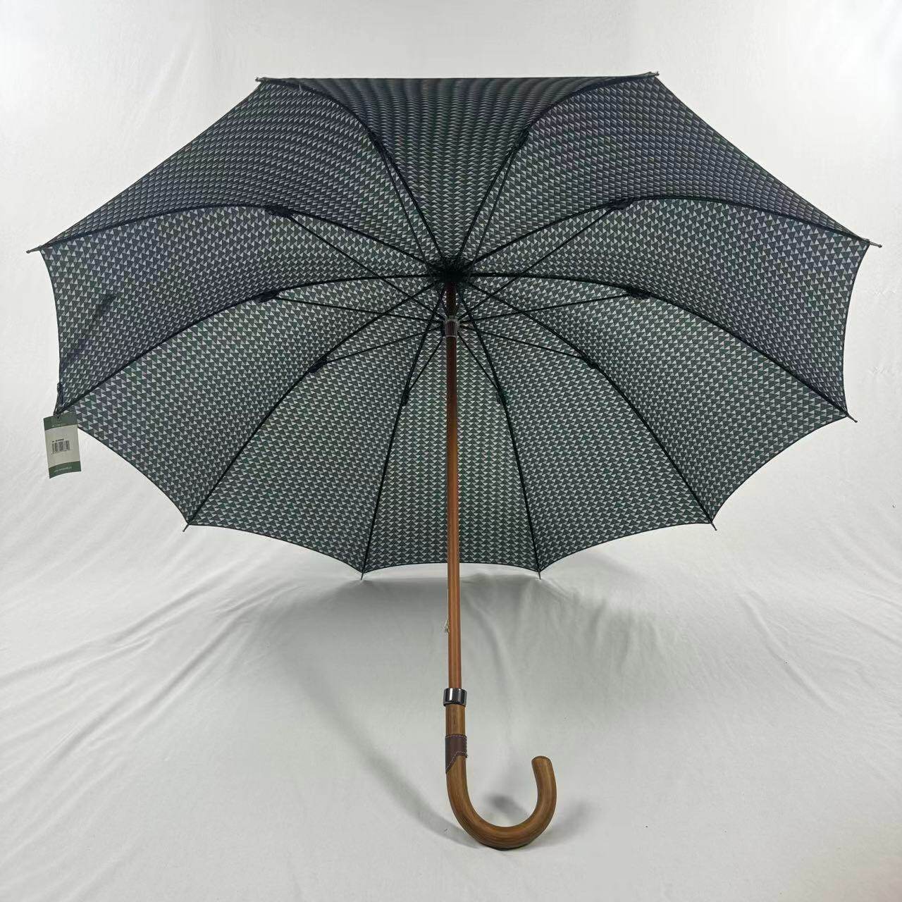 木制手柄!复古三角风格手动晴雨商务长柄伞