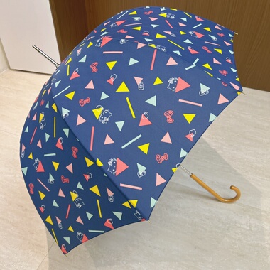 日单蓝色几何蝴蝶结猫咪 木柄可爱卡通拱形手动长柄晴雨伞女