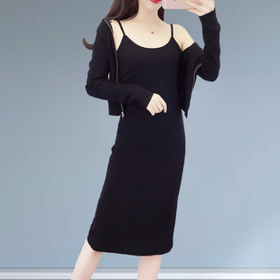 春秋休闲时尚套装新款女大码运动连帽开衫+吊带连衣裙两件套装