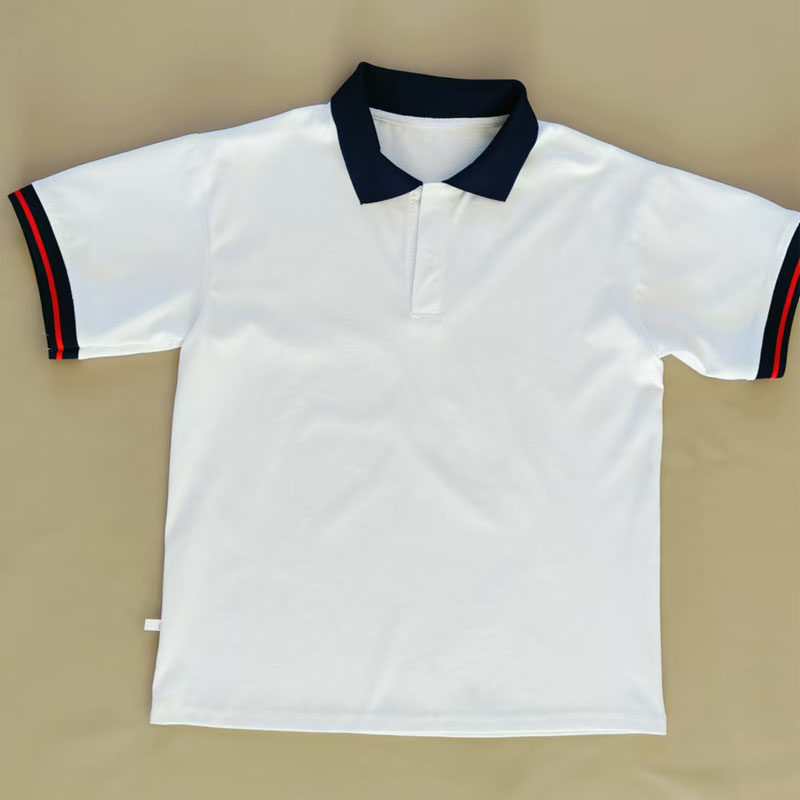 夏棉质白色校服短袖上衣藏蓝领袖口黑拼红男女通用班服T恤POLO衫