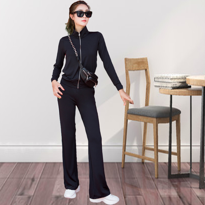 2025春季新品运动套装女大码宽松两件套修身开衫卫衣两道杠长裤
