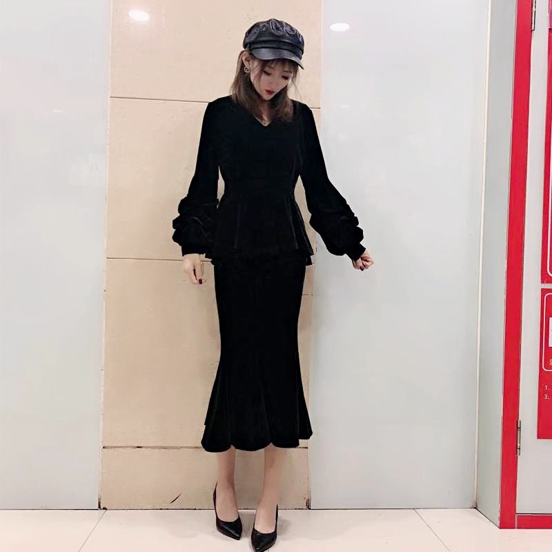 2025春装新品金丝绒两件套装裙职业名媛长袖小个子气质时尚半身裙