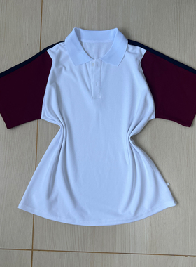 白色校服短袖不规则酒红插肩袖袖上藏蓝宽杠高中小班服T恤POLO杉