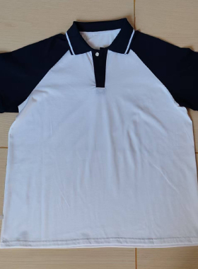 夏季款棉质白色校服短袖藏蓝插肩袖藏蓝领男女班服T恤POLO衫上衣