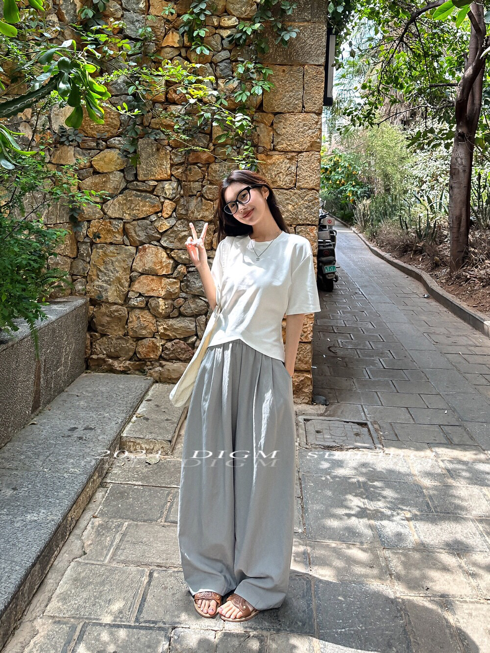 DIGM韩系简约百搭宽松显瘦纯色松紧腰阔腿休闲裤萝卜裤2024夏新款