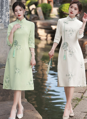 仟金公主新品复古清新绿色年轻款气质古典仙女风连衣裙文艺旗袍