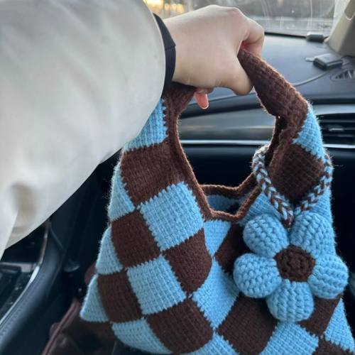 diy手工编织菱形棋盘斜跨包全套材料包自制钩织毛线手提包送女友