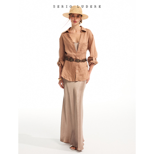 衬衣 衬衫 SerioLudere蛋仔很懒 100亚麻肉桂粉老钱风宽松百搭长袖