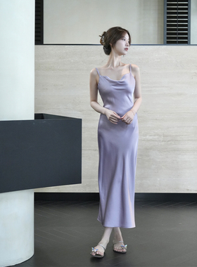 SerioLudere蛋仔很懒 立体斜裁醋酸质感缎面收腰荡领吊带连衣裙女