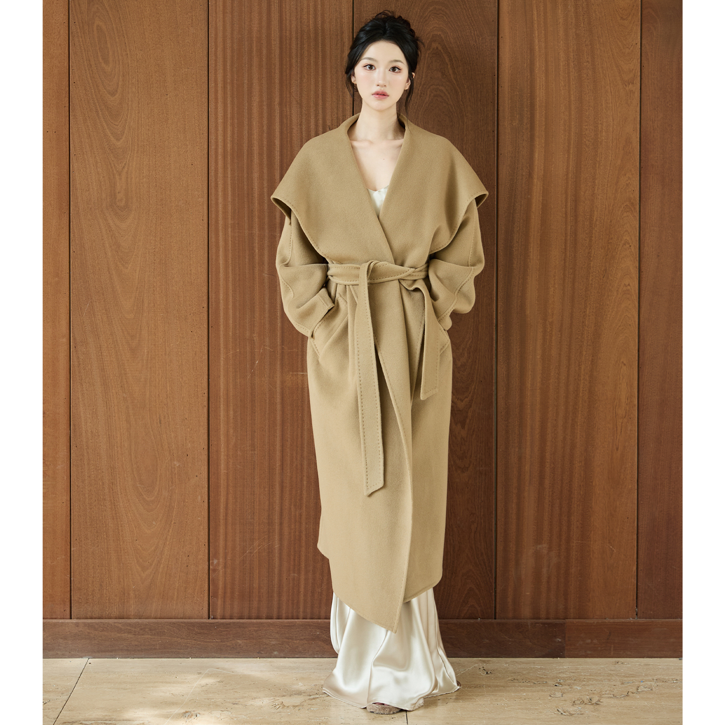 SerioLudere蛋仔很懒/10山羊绒90羊毛设计感重工驼色毛呢外套大衣