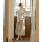 SerioLudere蛋仔很懒 杏色设计感小众镂空宽松百搭圆领毛衣针织衫