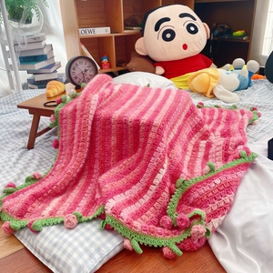 【现货成品】纯手工钩织毛线午休玫瑰花毯子1.2米渐变彩虹色毛毯