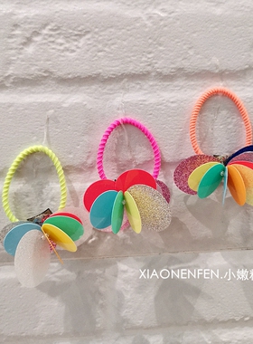 韩国手工女童宝宝荧光五彩亮片弹力发圈泫雅花朵发饰儿童头饰头绳
