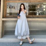 灰蓝色假两件无袖连衣裙女夏2025新款慵懒风爆款花苞灯笼裙流行，女装连衣裙，2D109