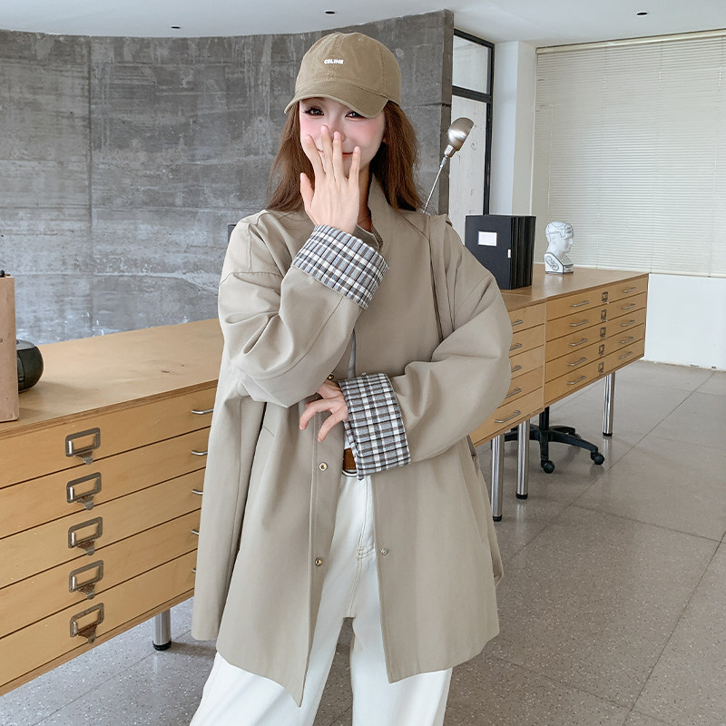 韩系格子拼接设计风衣外套女2025秋季新款宽松中长款立领夹克外套,女装风衣,2D109