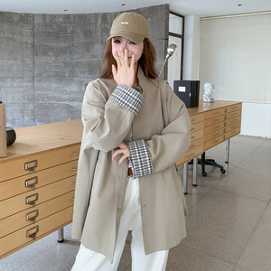 韩系格子拼接设计风衣外套女2025秋季新款宽松中长款立领夹克外套图片