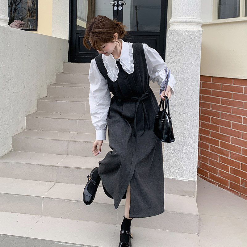 法式文艺甜美衬衫背心裙套装女2025春秋季新款韩版显瘦无袖连衣裙,女装套装/套裙,2D109