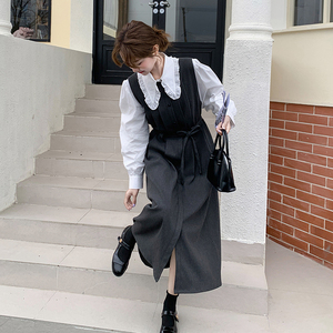 法式文艺甜美衬衫背心裙套装女2025春秋季新款韩版显瘦无袖连衣裙图片