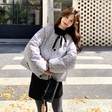 韩系chic蓝色波点羽绒服女冬超火好看高级小众短款加厚面包服外套，女装羽绒服，2D109