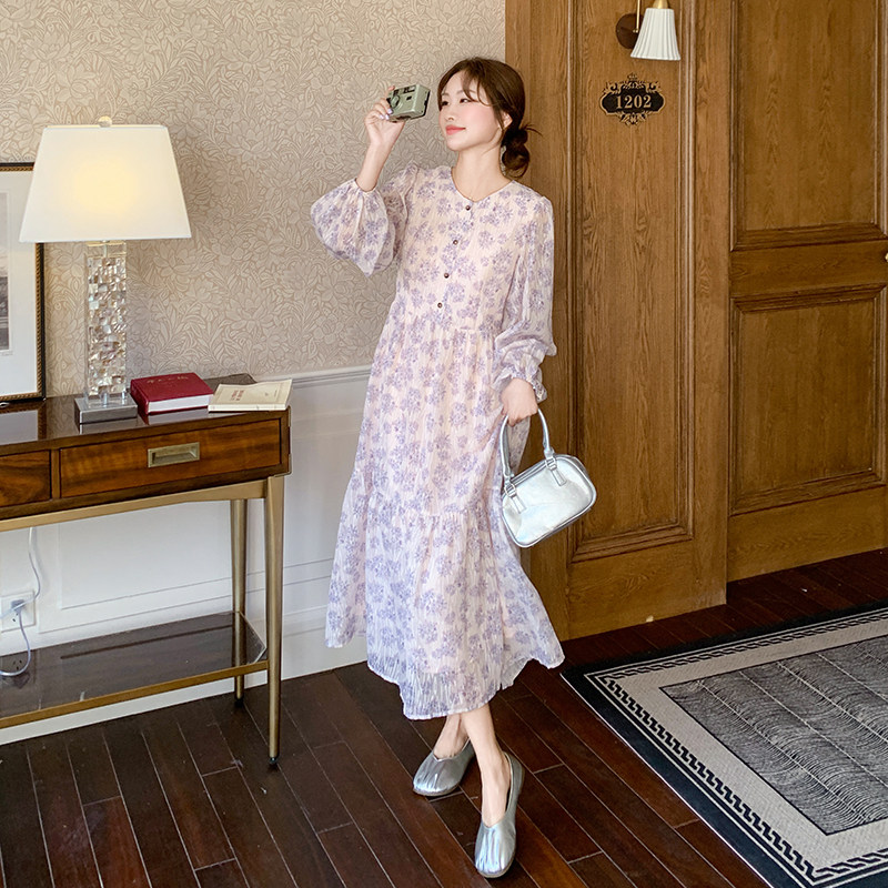 法式优雅温柔风印花长裙2025春季减龄收腰垂感女粉紫色碎花连衣裙,女装连衣裙,2D109