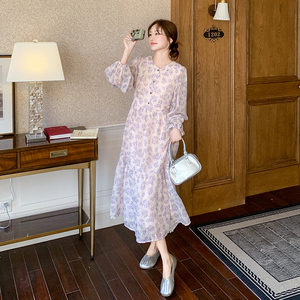 法式优雅温柔风印花长裙2025春季减龄收腰垂感女粉紫色碎花连衣裙图片