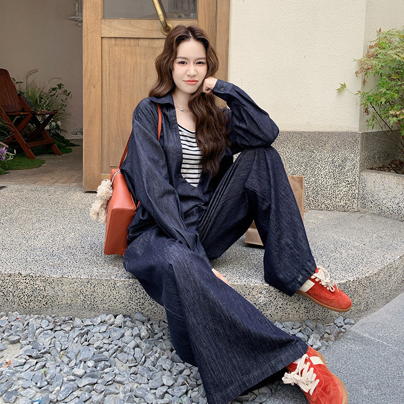 深蓝色复古休闲牛仔套装女2025年秋季新款慵懒松弛感阔腿裤两件套,女装套装/套裙,2D109