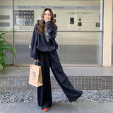 深蓝色复古休闲牛仔套装女2025年秋季新款慵懒松弛感阔腿裤两件套，女装套装/套裙，2D109