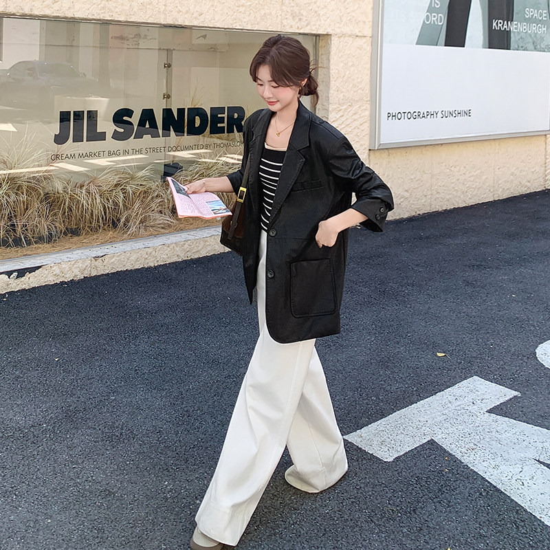黑色时尚气质PU皮衣外套女2025年春秋季新款高级感宽松显瘦短上衣图片