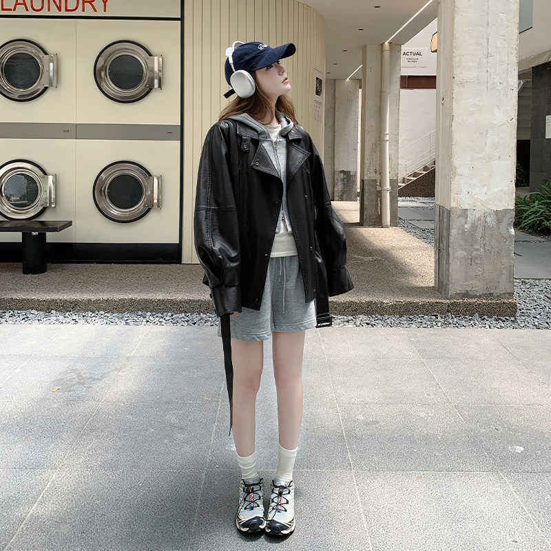 黑色设计感绑带收腰皮衣女2025新款秋季休闲美式复古pu皮外套上衣,女装皮衣,2D109