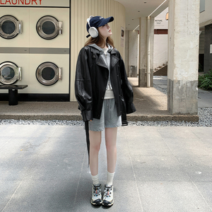 黑色设计感绑带收腰皮衣女2025新款秋季休闲美式复古pu皮外套上衣图片