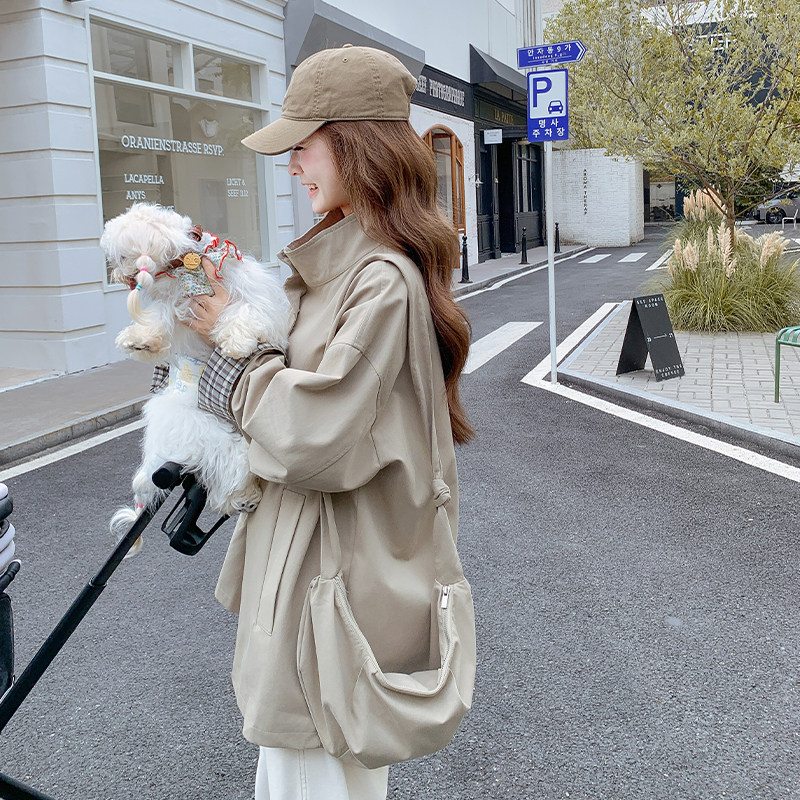 韩系格子拼接设计风衣外套女2025秋季新款宽松中长款立领夹克外套,女装风衣,2D109