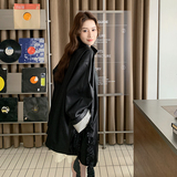 甜酷撞色条纹皮衣外套女2025秋季日系松弛复古高级感黑色PU皮夹克，女装皮衣，2D109