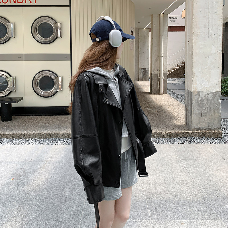 黑色设计感绑带收腰皮衣女2025新款秋季休闲美式复古pu皮外套上衣,女装皮衣,2D109