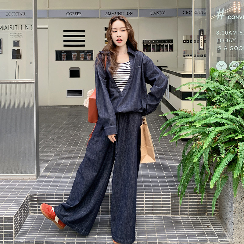 深蓝色复古休闲牛仔套装女2025年秋季新款慵懒松弛感阔腿裤两件套,女装套装/套裙,2D109