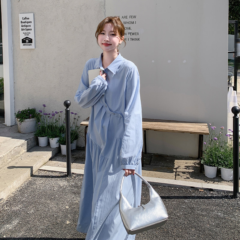法式复古蓝色不规则衬衫裙女2025夏淡人气质收腰显瘦高级感连衣裙,女装连衣裙,2D109