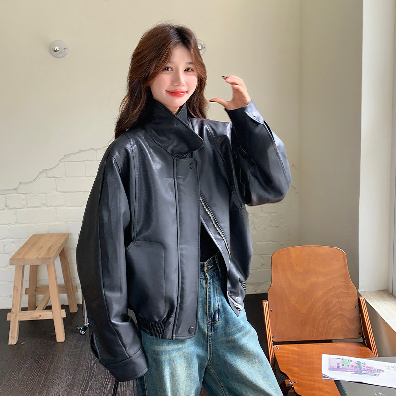 黑色美式复古皮衣外套女2025秋季新款韩版小个子休闲机车PU皮夹克,女装皮衣,2D109
