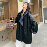 格纹撞色拼接连帽皮衣外套女2025早春秋韩系气质设计感中长款风衣，女装皮衣，2D109
