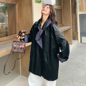 格纹撞色拼接连帽皮衣外套女2025早春秋韩系气质设计感中长款风衣图片