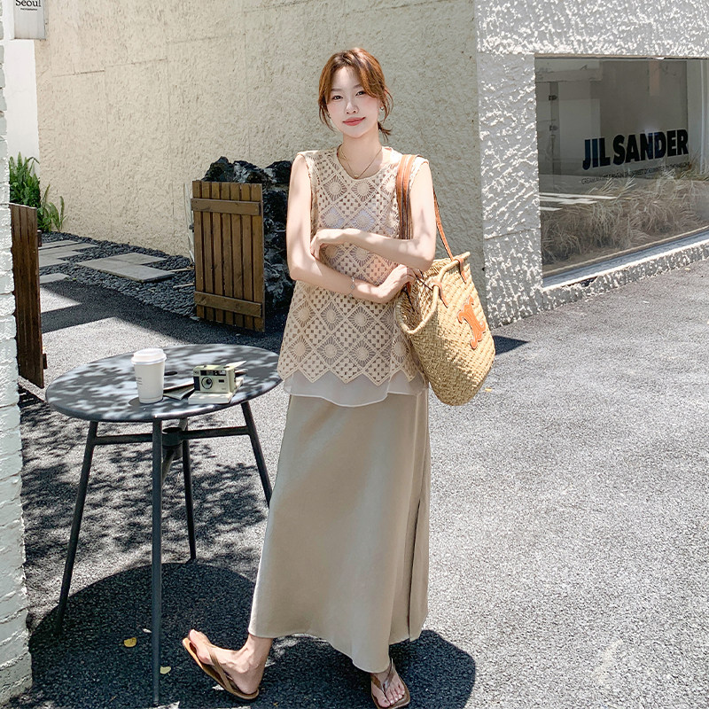 韩系米白色针织上衣半身裙套装女2025年夏季新款高级感气质两件套图片
