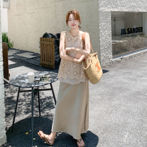 韩系米白色针织上衣半身裙套装女2025年夏季新款高级感气质两件套图片
