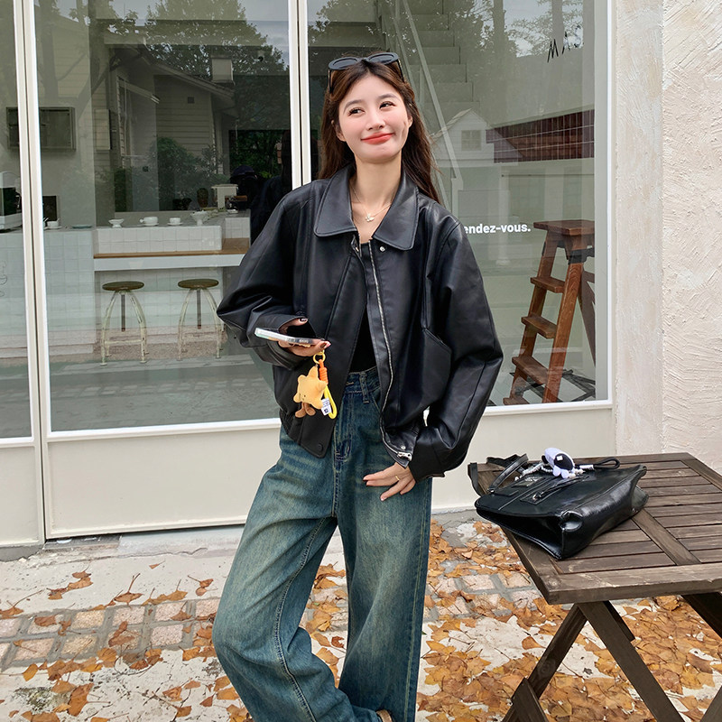 黑色美式复古皮衣外套女2025秋季新款韩版小个子休闲机车PU皮夹克,女装皮衣,2D109