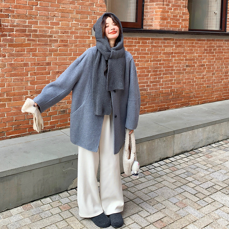 韩系围巾羊毛蓝色双面呢大衣外套女秋冬2025新款巨好看小个子大衣,女装毛呢外套,2D109