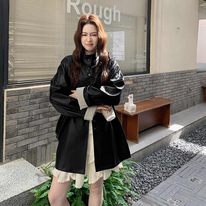 甜酷撞色条纹皮衣外套女2025秋季日系松弛复古高级感黑色PU皮夹克图片