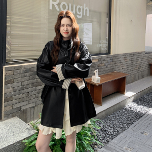 甜酷撞色条纹皮衣外套女2025秋季日系松弛复古高级感黑色PU皮夹克图片