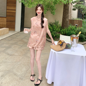 新中式国风休闲套装女2025夏季新款小个子减龄无袖上衣短裤两件套图片