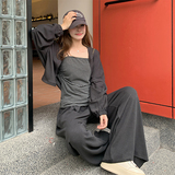 韩系慵懒风轻熟减龄套装女2025秋季休闲披肩条纹吊带阔腿裤三件套，女装套装/套裙，2D109