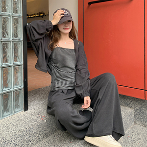 韩系慵懒风轻熟减龄套装女2025秋季休闲披肩条纹吊带阔腿裤三件套图片